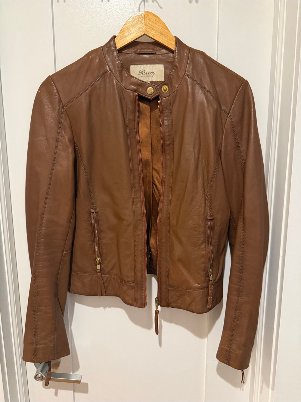 Rococo Women's Cognac Leather Jacket - Sleek Zip Front